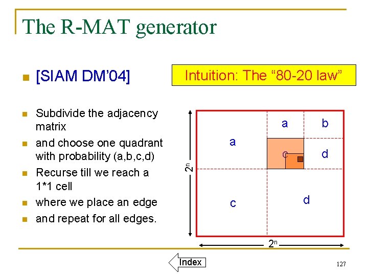 The R-MAT generator n n n [SIAM DM’ 04] Subdivide the adjacency matrix and