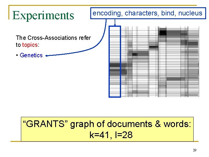 Experiments encoding, characters, bind, nucleus The Cross-Associations refer to topics: • Genetics “GRANTS” graph