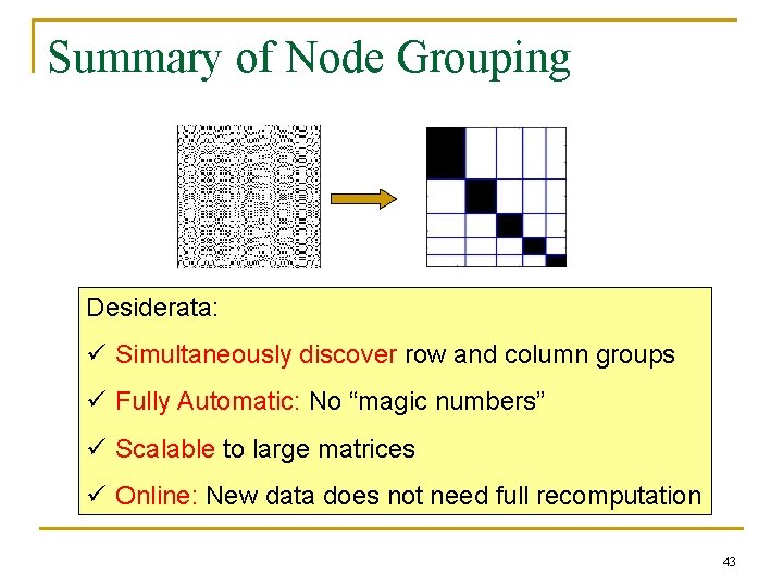 Summary of Node Grouping Desiderata: ü Simultaneously discover row and column groups ü Fully