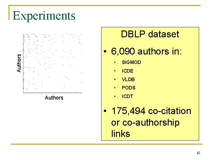 Experiments DBLP dataset Authors • 6, 090 authors in: Authors • SIGMOD • ICDE