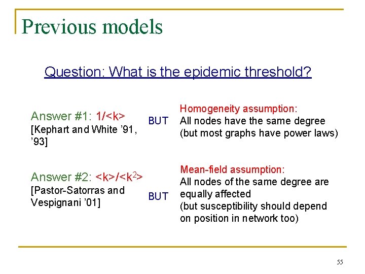 Previous models Question: What is the epidemic threshold? Answer #1: 1/<k> [Kephart and White