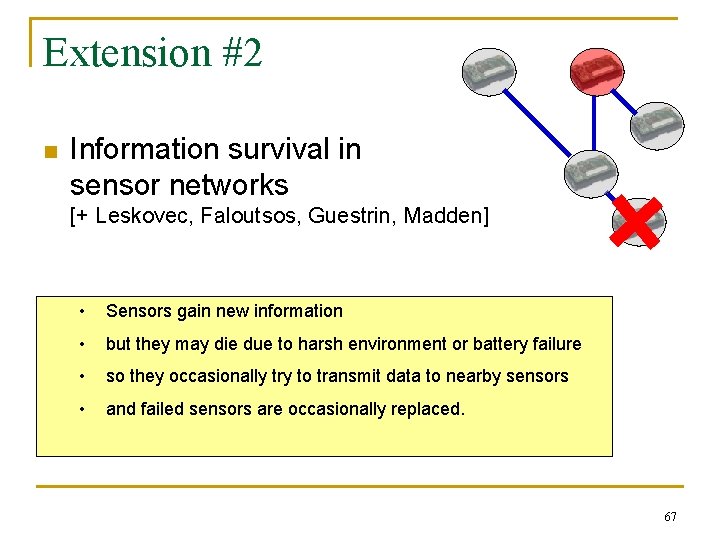 Extension #2 n Information survival in sensor networks [+ Leskovec, Faloutsos, Guestrin, Madden] •