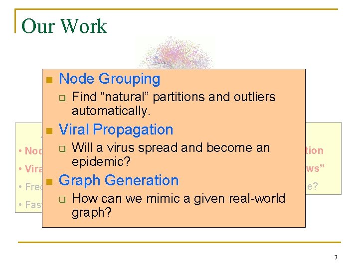 Our Work n Node Grouping q Find “natural” partitions and outliers automatically. n Viralapplications