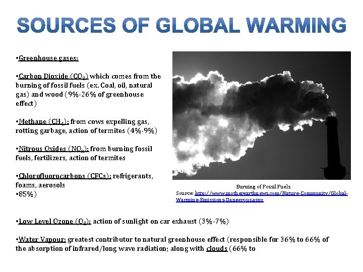  • Greenhouse gases: • Carbon Dioxide (CO 2) which comes from the burning