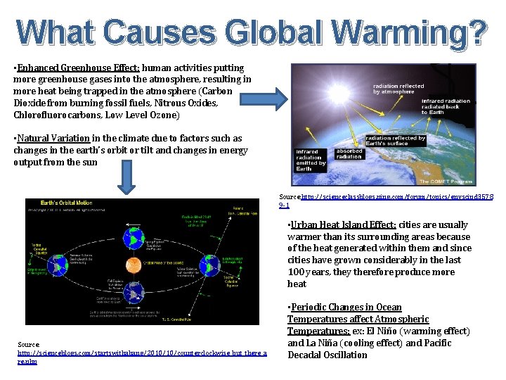 What Causes Global Warming? • Enhanced Greenhouse Effect: human activities putting more greenhouse gases