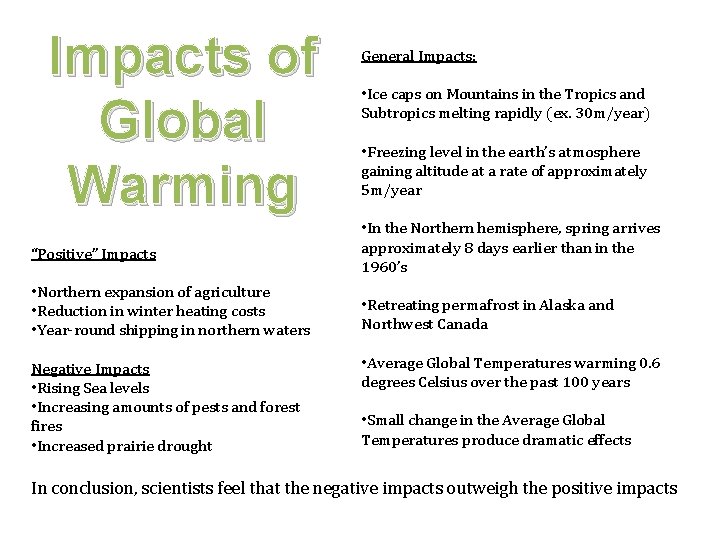 Impacts of Global Warming General Impacts: • Ice caps on Mountains in the Tropics