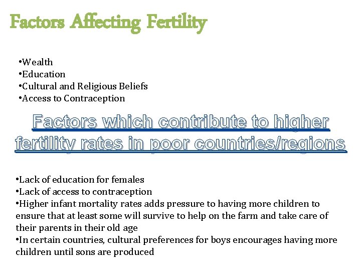 Factors Affecting Fertility • Wealth • Education • Cultural and Religious Beliefs • Access