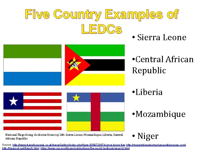 Five Country Examples of LEDCs • Sierra Leone • Central African Republic • Liberia
