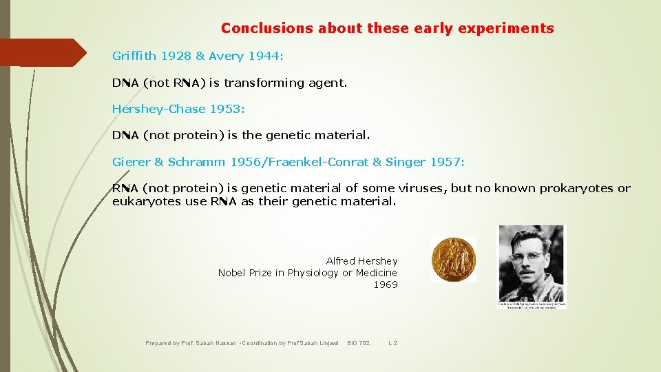 Conclusions about these early experiments Griffith 1928 & Avery 1944: DNA (not RNA) is