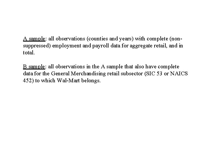 A sample: all observations (counties and years) with complete (nonsuppressed) employment and payroll data