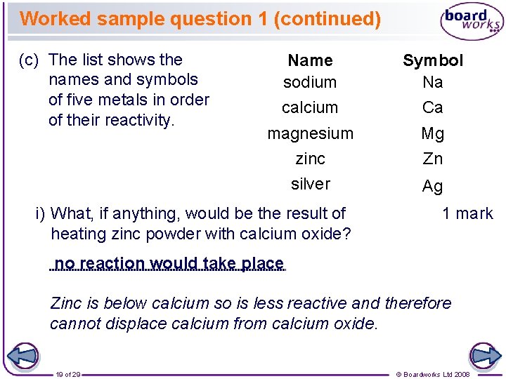 Worked sample question 1 (continued) (c) The list shows the names and symbols of