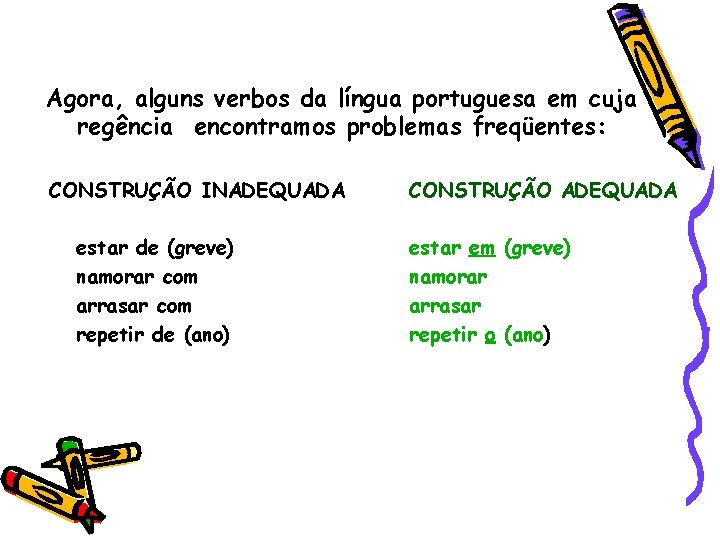 Agora, alguns verbos da língua portuguesa em cuja regência encontramos problemas freqüentes: CONSTRUÇÃO INADEQUADA