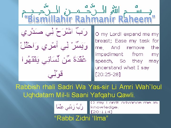 “Bismillahir Rahmanir Raheem” Rabbish rhali Sadri Wa Yas-sir Li Amri Wah`loul Uqhdatam Mil-li Saani