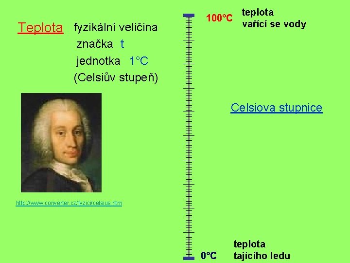 Teplota fyzikální veličina 100°C teplota vařící se vody značka t jednotka 1°C (Celsiův stupeň)