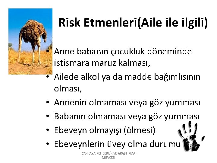 Risk Etmenleri(Aile ilgili) • Anne babanın çocukluk döneminde istismara maruz kalması, • Ailede alkol