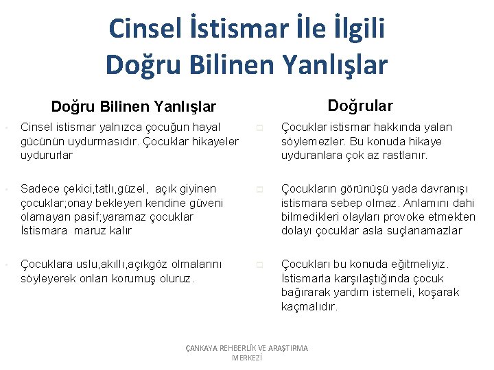 Cinsel İstismar İle İlgili Doğru Bilinen Yanlışlar Doğrular • Cinsel istismar yalnızca çocuğun hayal