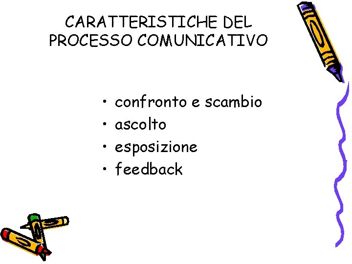 CARATTERISTICHE DEL PROCESSO COMUNICATIVO • • confronto e scambio ascolto esposizione feedback 