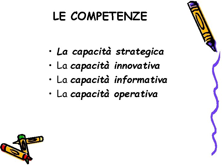 LE COMPETENZE • • La capacità strategica La capacità innovativa La capacità informativa La