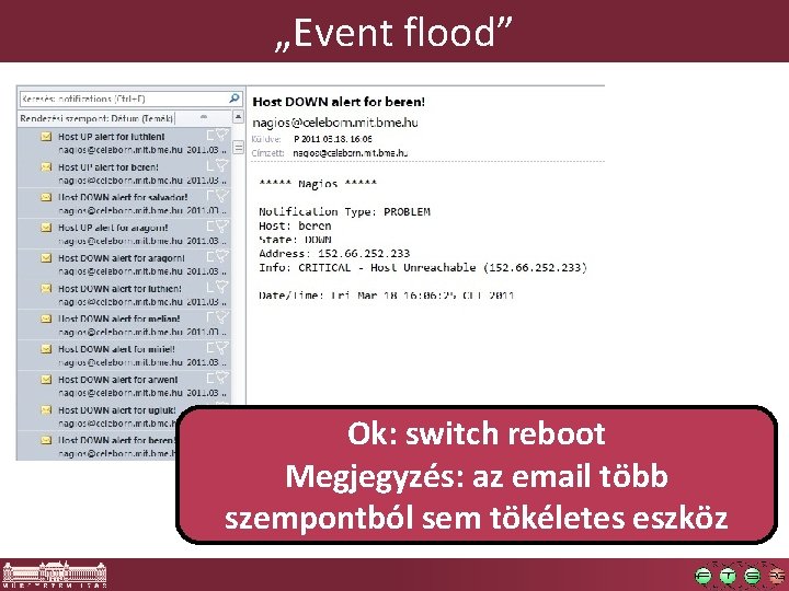 „Event flood” Ok: switch reboot Megjegyzés: az email több szempontból sem tökéletes eszköz „Event flood” Ok: switch reboot Megjegyzés: az email több szempontból sem tökéletes eszköz