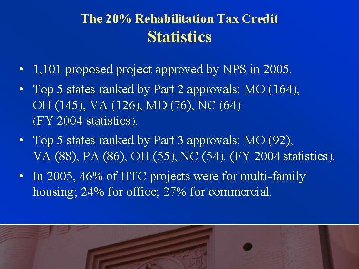 The 20% Rehabilitation Tax Credit Statistics • 1, 101 proposed project approved by NPS