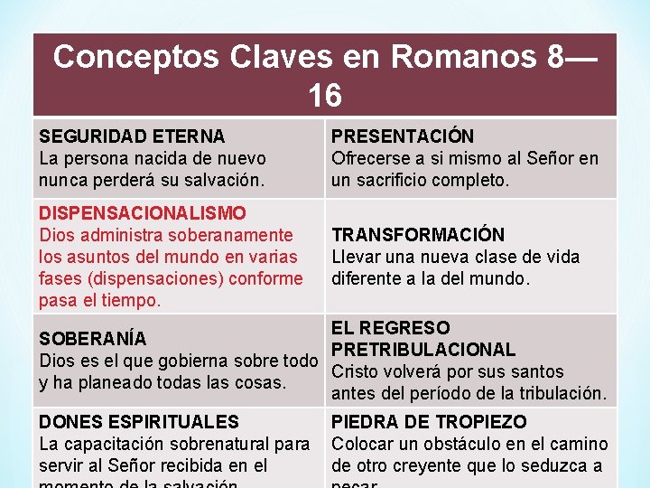 Conceptos Claves en Romanos 8— 16 SEGURIDAD ETERNA La persona nacida de nuevo nunca