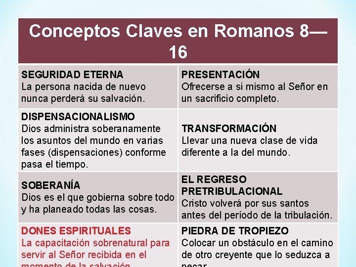 Conceptos Claves en Romanos 8— 16 SEGURIDAD ETERNA La persona nacida de nuevo nunca