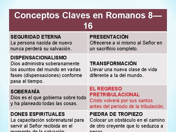 Conceptos Claves en Romanos 8— 16 SEGURIDAD ETERNA La persona nacida de nuevo nunca