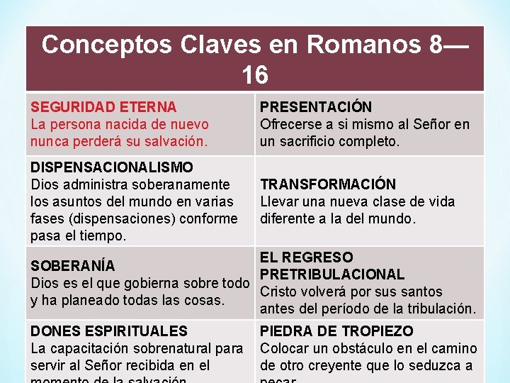 Conceptos Claves en Romanos 8— 16 SEGURIDAD ETERNA La persona nacida de nuevo nunca