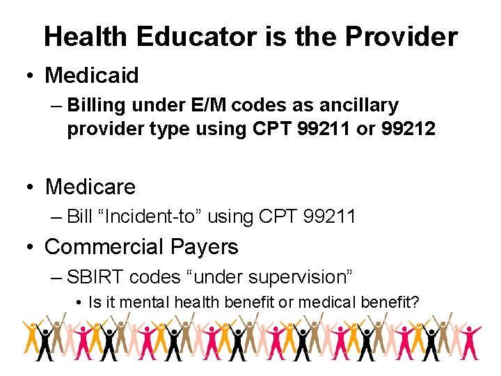 Health Educator is the Provider • Medicaid – Billing under E/M codes as ancillary