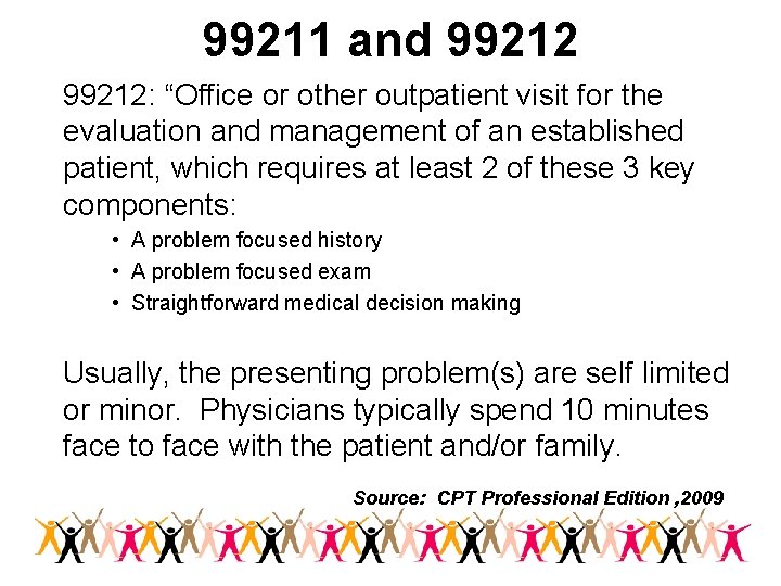 99211 and 99212: “Office or other outpatient visit for the evaluation and management of