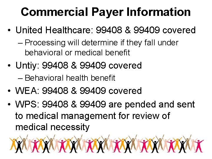 Commercial Payer Information • United Healthcare: 99408 & 99409 covered – Processing will determine