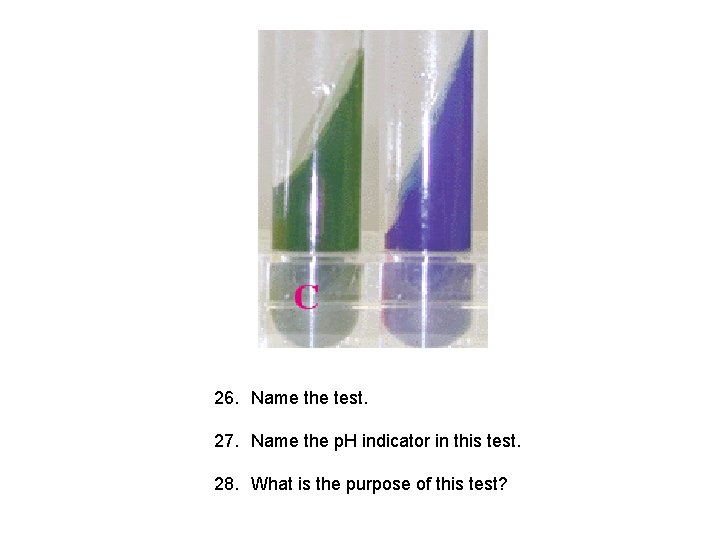 26. Name the test. 27. Name the p. H indicator in this test. 28.