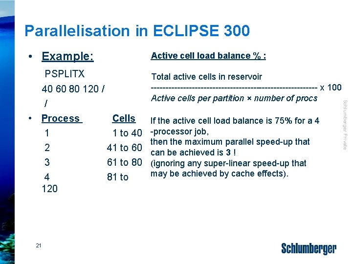 Parallelisation in ECLIPSE 300 • Example: PSPLITX 21 Total active cells in reservoir -----------------------------