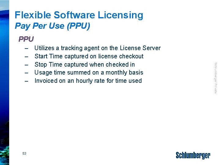 Flexible Software Licensing Pay Per Use (PPU) PPU 53 Utilizes a tracking agent on
