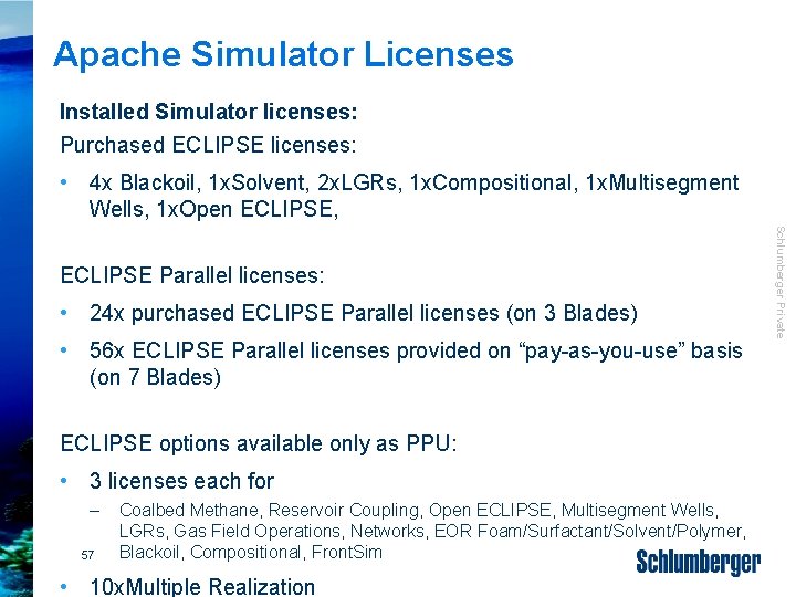 Apache Simulator Licenses Installed Simulator licenses: Purchased ECLIPSE licenses: • 4 x Blackoil, 1