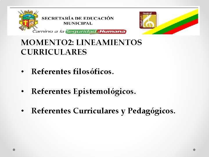 MOMENTO 2: LINEAMIENTOS CURRICULARES • Referentes filosóficos. • Referentes Epistemológicos. • Referentes Curriculares y