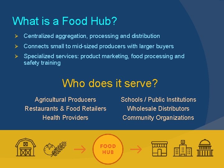 What is a Food Hub? Ø Centralized aggregation, processing and distribution Ø Connects small