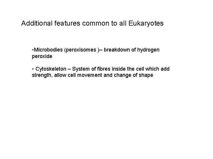 Additional features common to all Eukaryotes • Microbodies (peroxisomes )– breakdown of hydrogen peroxide