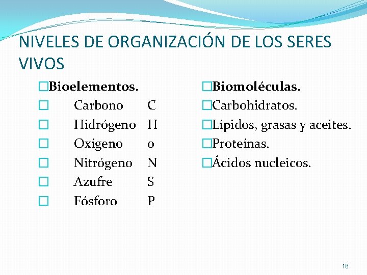 NIVELES DE ORGANIZACIÓN DE LOS SERES VIVOS �Bioelementos. � Carbono � Hidrógeno � Oxígeno