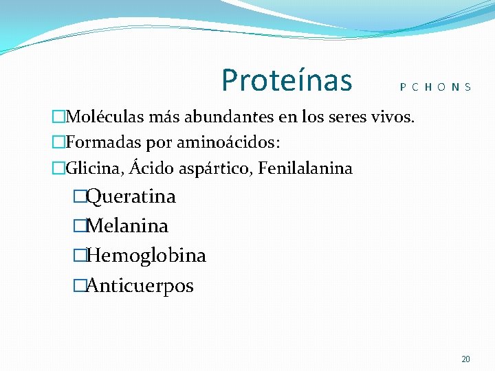 Proteínas P C H O N S �Moléculas más abundantes en los seres vivos.