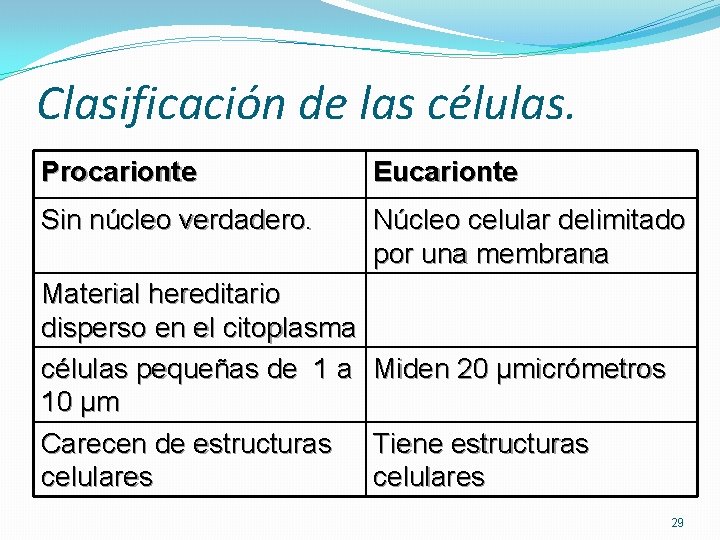 Clasificación de las células. Procarionte Eucarionte Sin núcleo verdadero. Núcleo celular delimitado por una