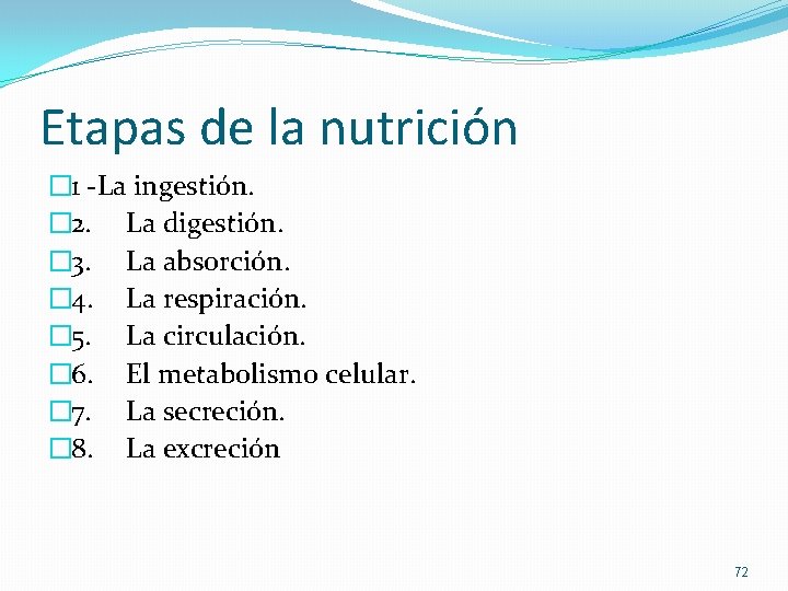 Etapas de la nutrición � 1 -La ingestión. � 2. La digestión. � 3.