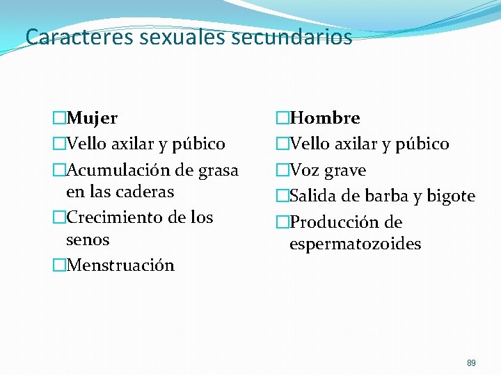 Caracteres sexuales secundarios �Mujer �Vello axilar y púbico �Acumulación de grasa en las caderas