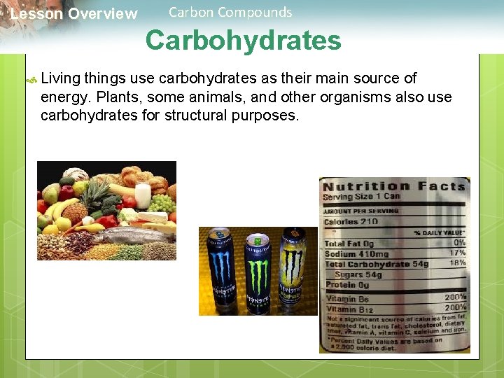  Lesson Overview Carbon Compounds Carbohydrates Living things use carbohydrates as their main source