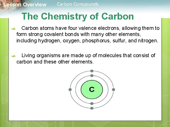  Lesson Overview Carbon Compounds The Chemistry of Carbon atoms have four valence electrons,