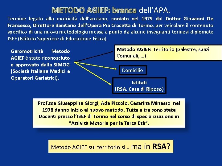 METODO AGIEF: branca dell’APA. Termine legato alla motricità dell’anziano, coniato nel 1979 dal Dottor