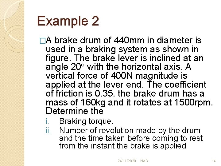 Example 2 �A brake drum of 440 mm in diameter is used in a