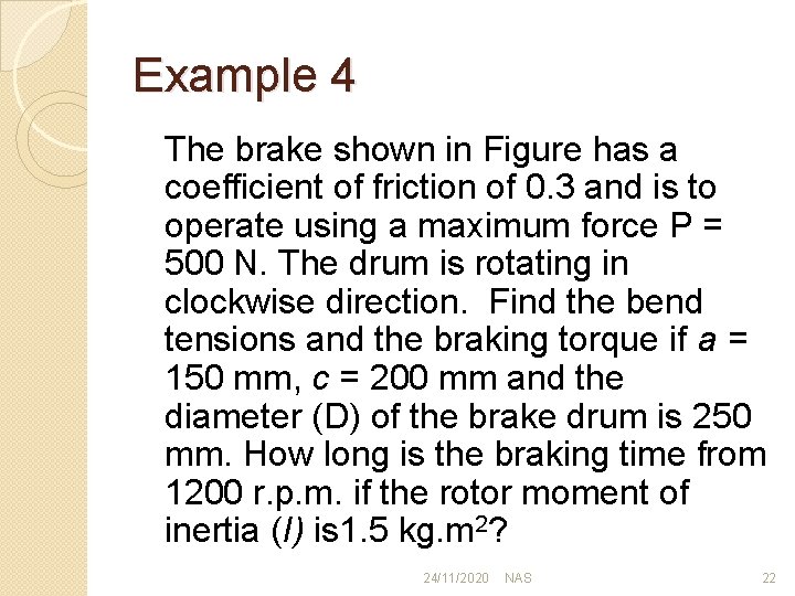 Example 4 The brake shown in Figure has a coefficient of friction of 0.