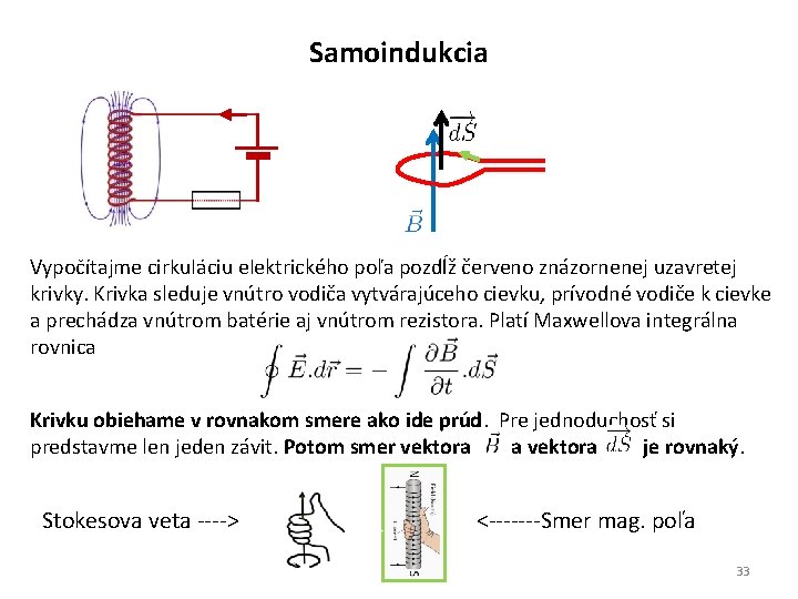 Samoindukcia Vypočítajme cirkuláciu elektrického poľa pozdĺž červeno znázornenej uzavretej krivky. Krivka sleduje vnútro vodiča