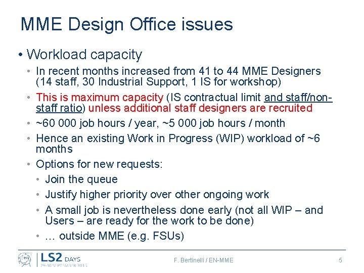 MME Design Office issues • Workload capacity • In recent months increased from 41